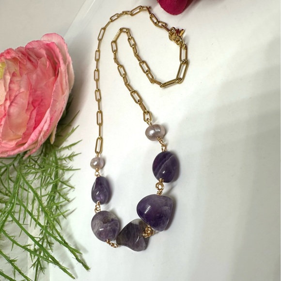 NEW⚜️Amethyst & Baroque Pearl Handmade Necklace - Picture 5 of 7